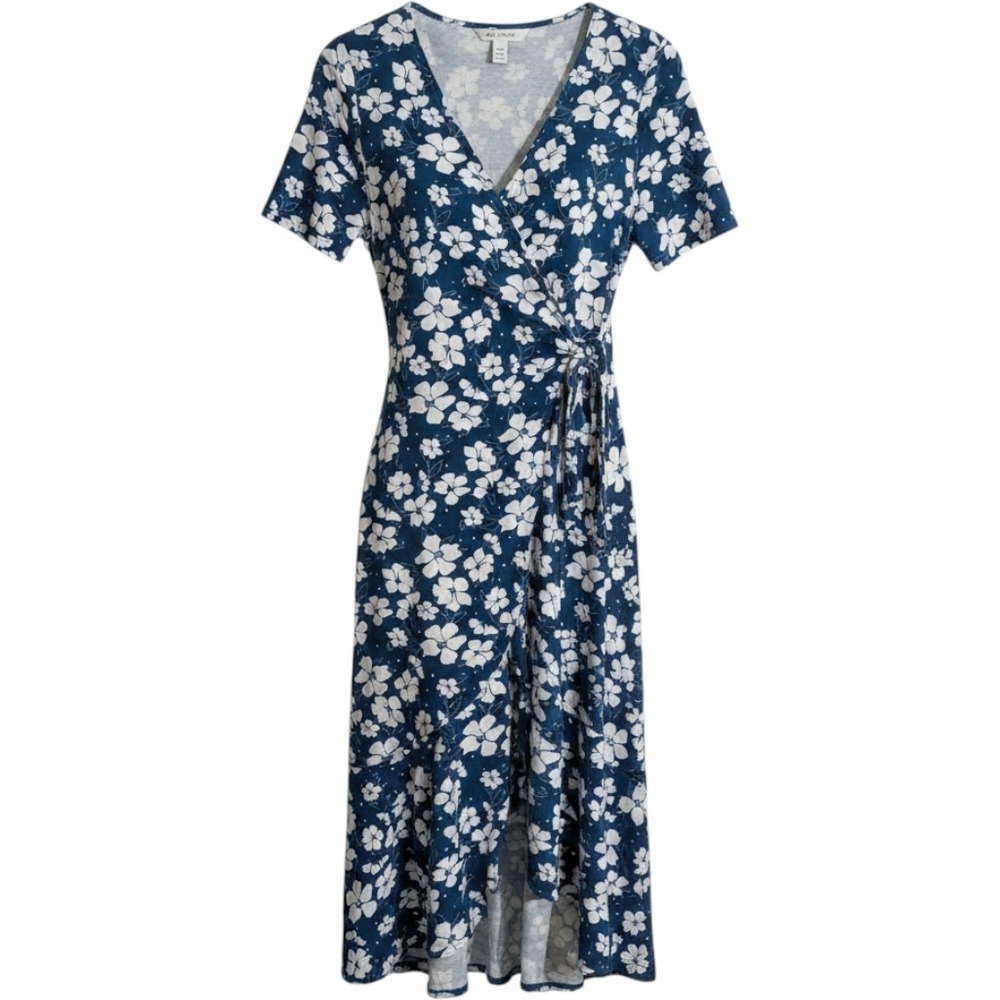 Lands End Blue Floral Faux Wrap Midi Dress Short Sleeve Boho Cottagecore M 10-12